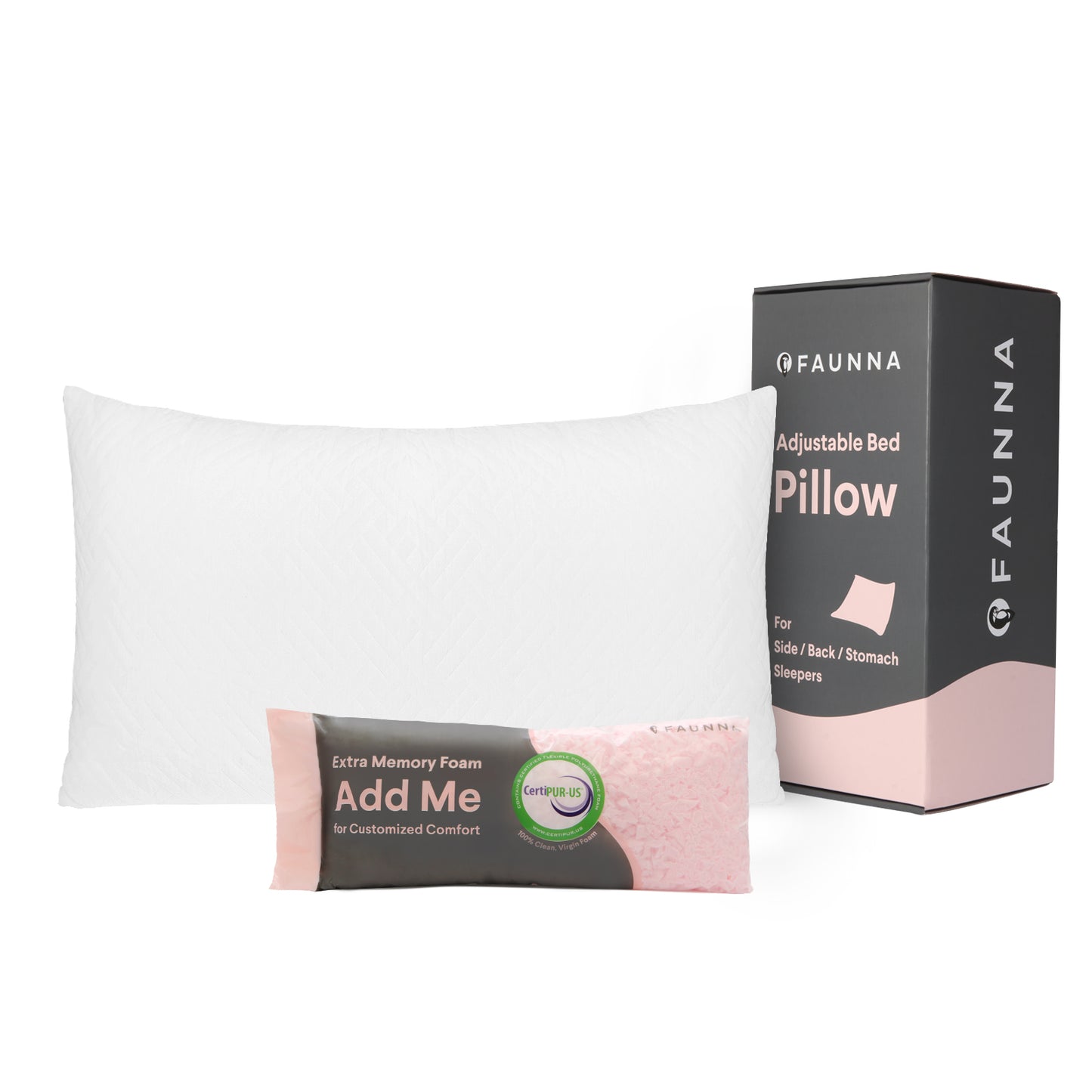 FAUNNA Adjustable Bed Pillow for Sleeping,Shredded Memory Foam Pillow, Soft Queen Size Bed Pillows for Back, Stomach and Side Sleeper (Queen (U.S. Standard))