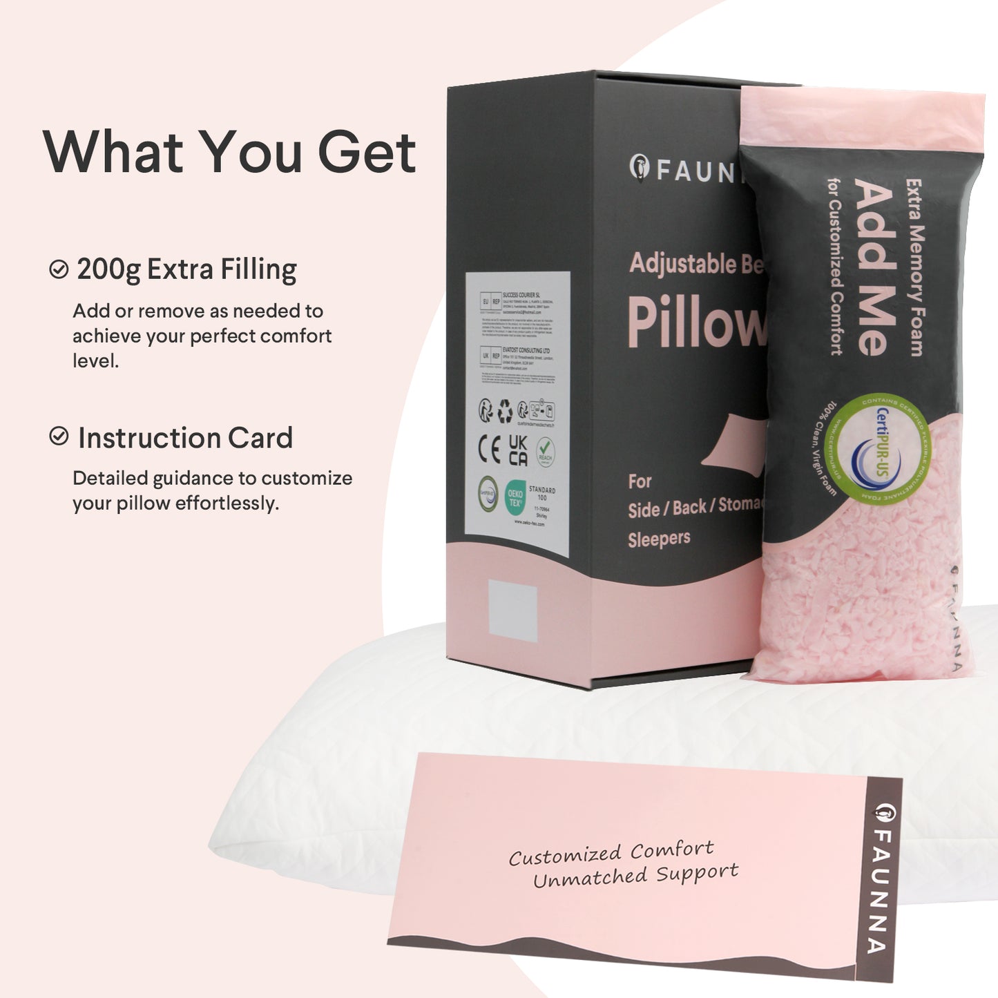 FAUNNA Adjustable Bed Pillow for Sleeping,Shredded Memory Foam Pillow, Soft Queen Size Bed Pillows for Back, Stomach and Side Sleeper (Queen (U.S. Standard))